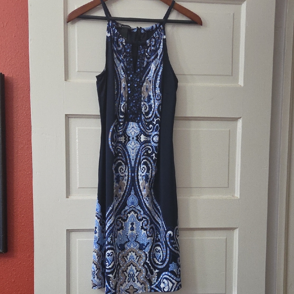 INC International Concepts Black and Blue Patterned Mini Dress